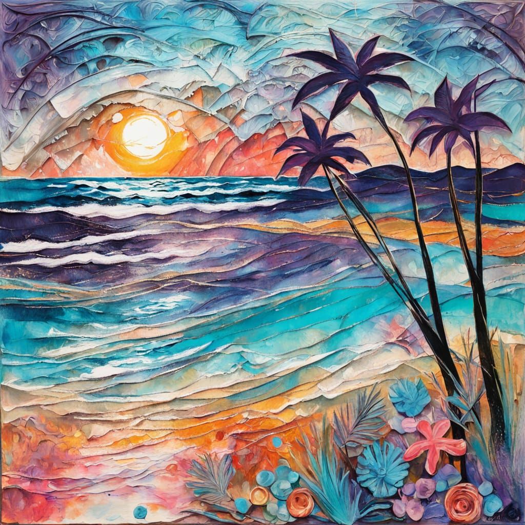 Vibrant Summer Beach Scene with Mixed Media Textures