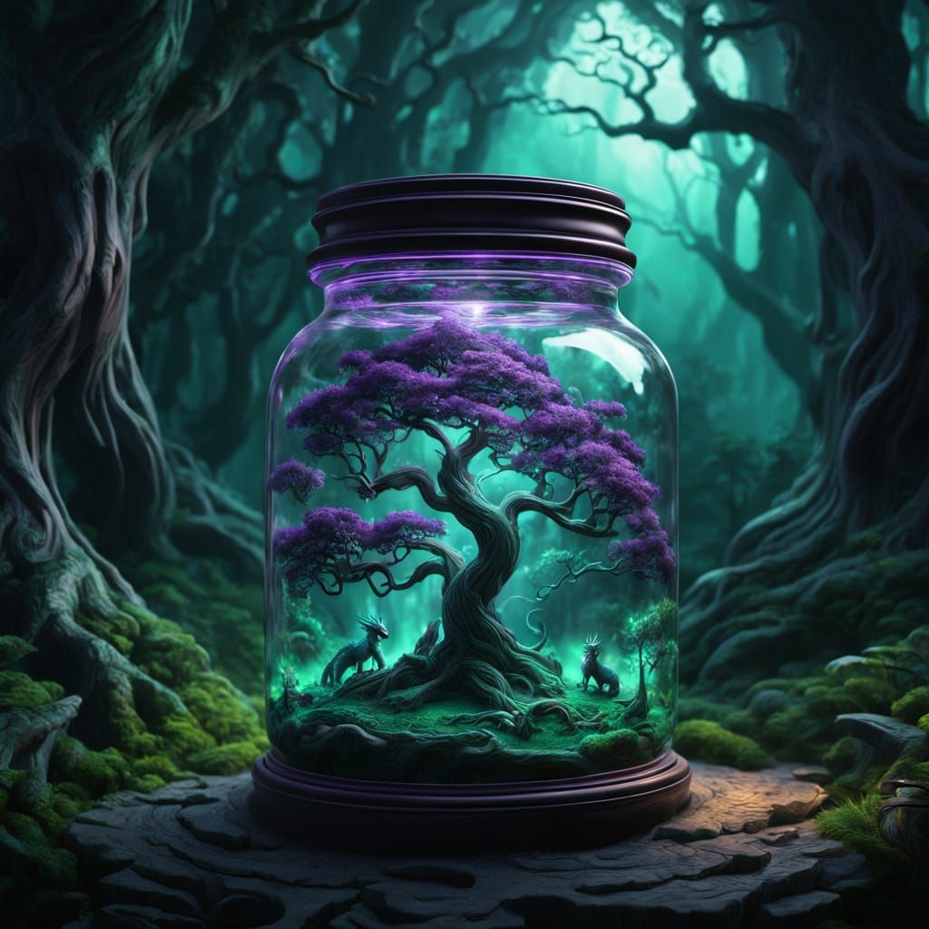 Fantasy World in Jam Jar with Dragons, Digital Matte Paintin...