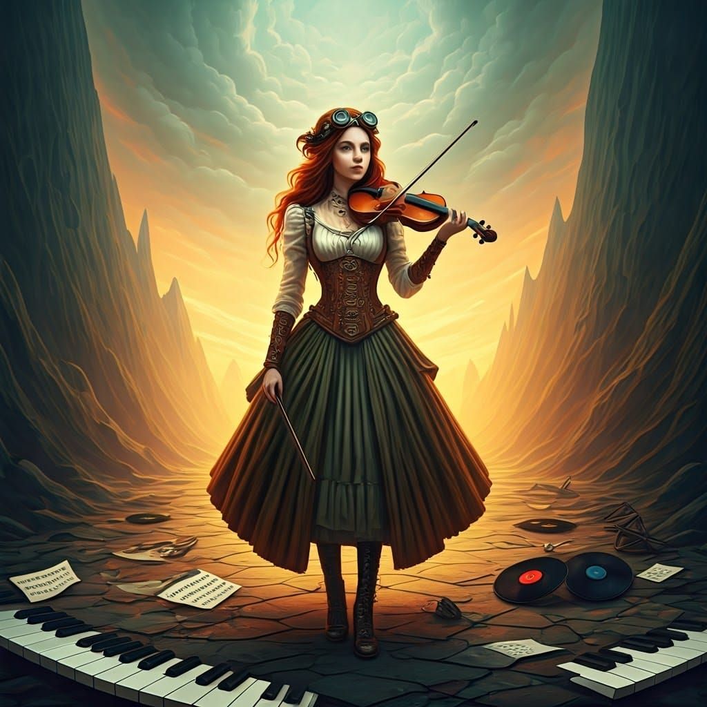 Steampunk Woman in Surreal Post-Apocalyptic Landscape