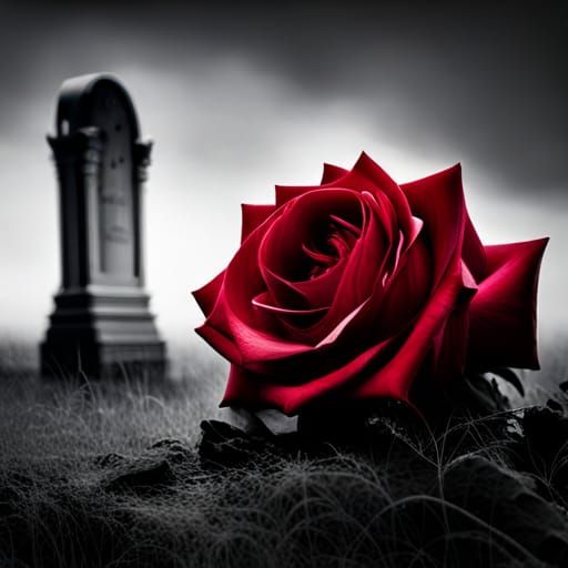 Monochrome Rose at Gravestone in Fog