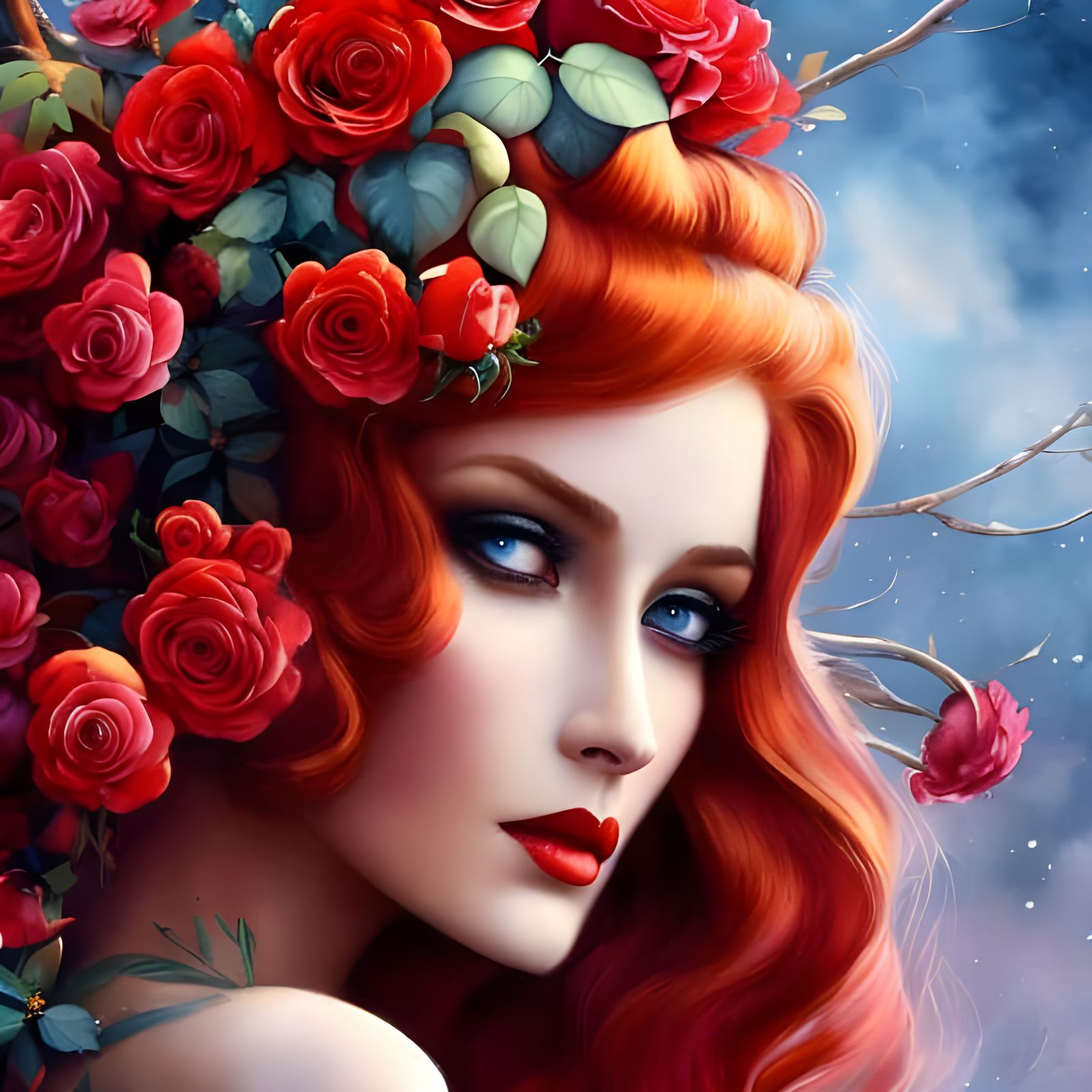 Redhead in Tree of Life: Steampunk Watercolor Portrait