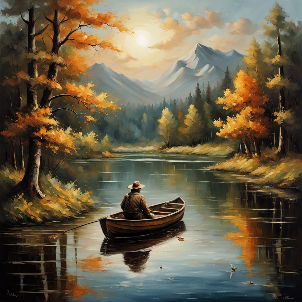 Peasant Fisherman in Golden Hour Oil Painting