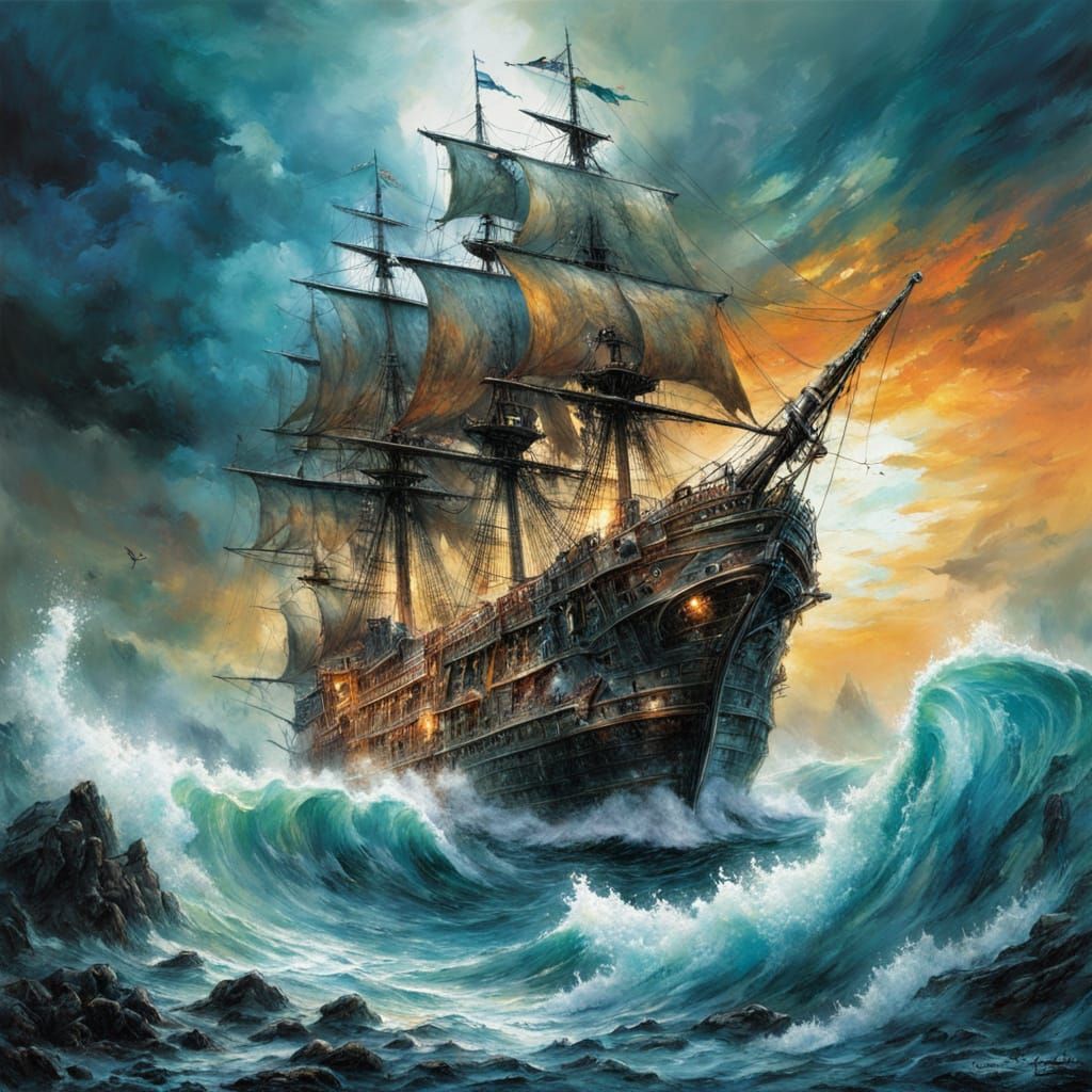 Pirate Ship on the Sea in Abstract Style