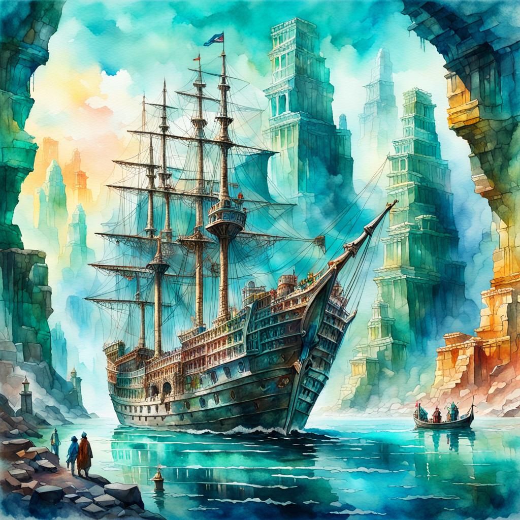 Ancient Sailing Ship Navigates Silver Ruins: Watercolor Pain...