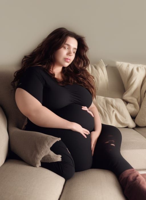 Pregnant Woman Crying on Couch: Hyperrealistic Image