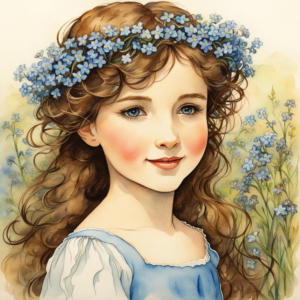 Girl with Forget-Me-Nots in Arthur Rackham Style