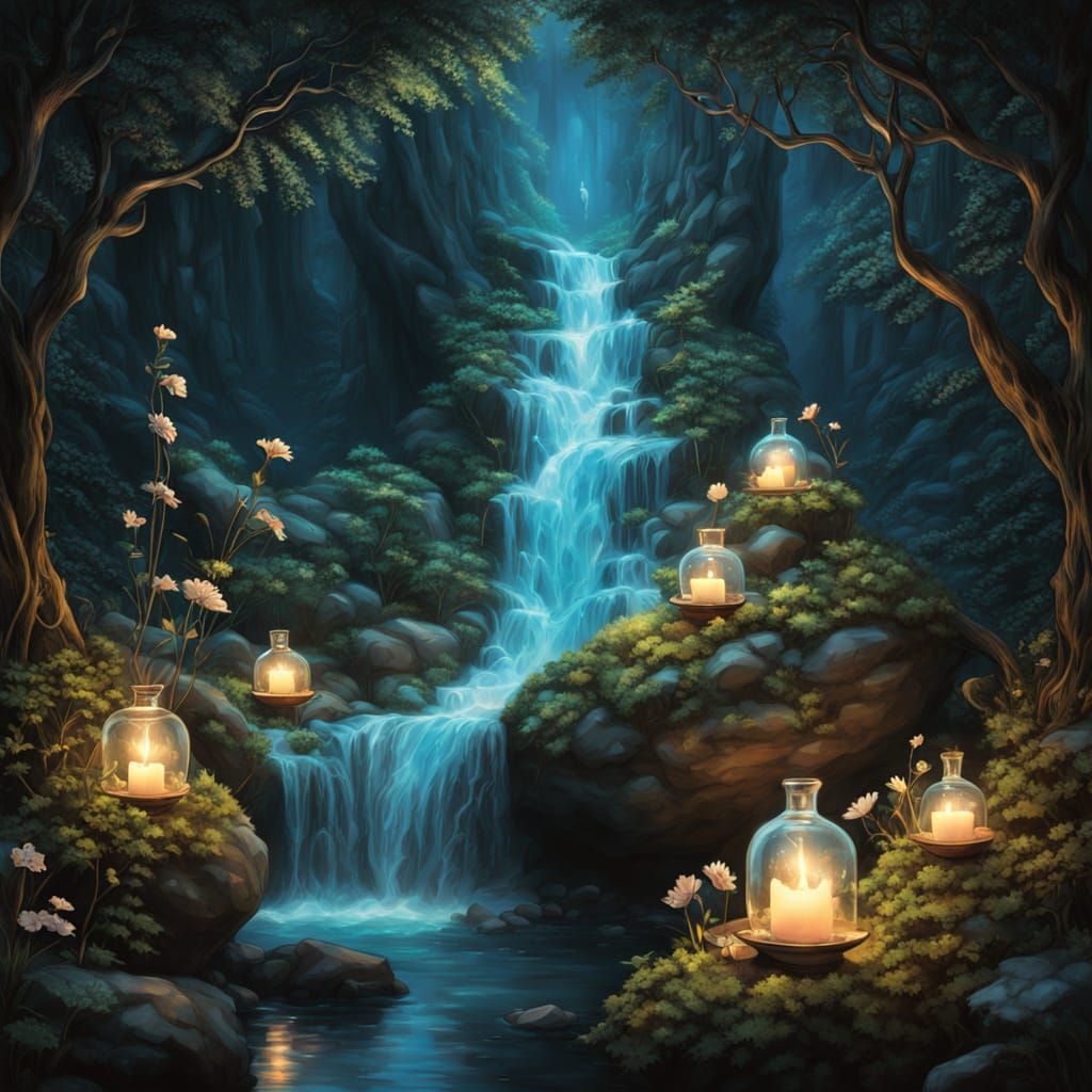 Ethereal Crystal Potion Cascade in Nature's Rejuvenation