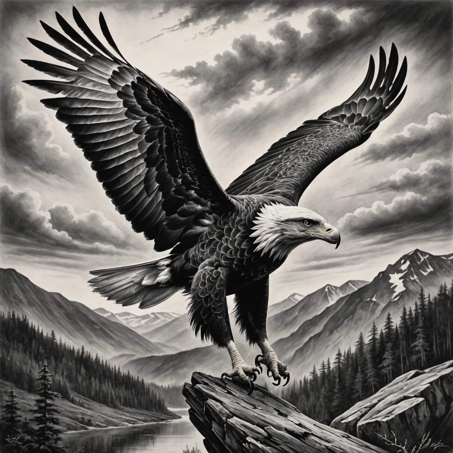 Hyperdetailed Charcoal Drawing of Soaring Eagle