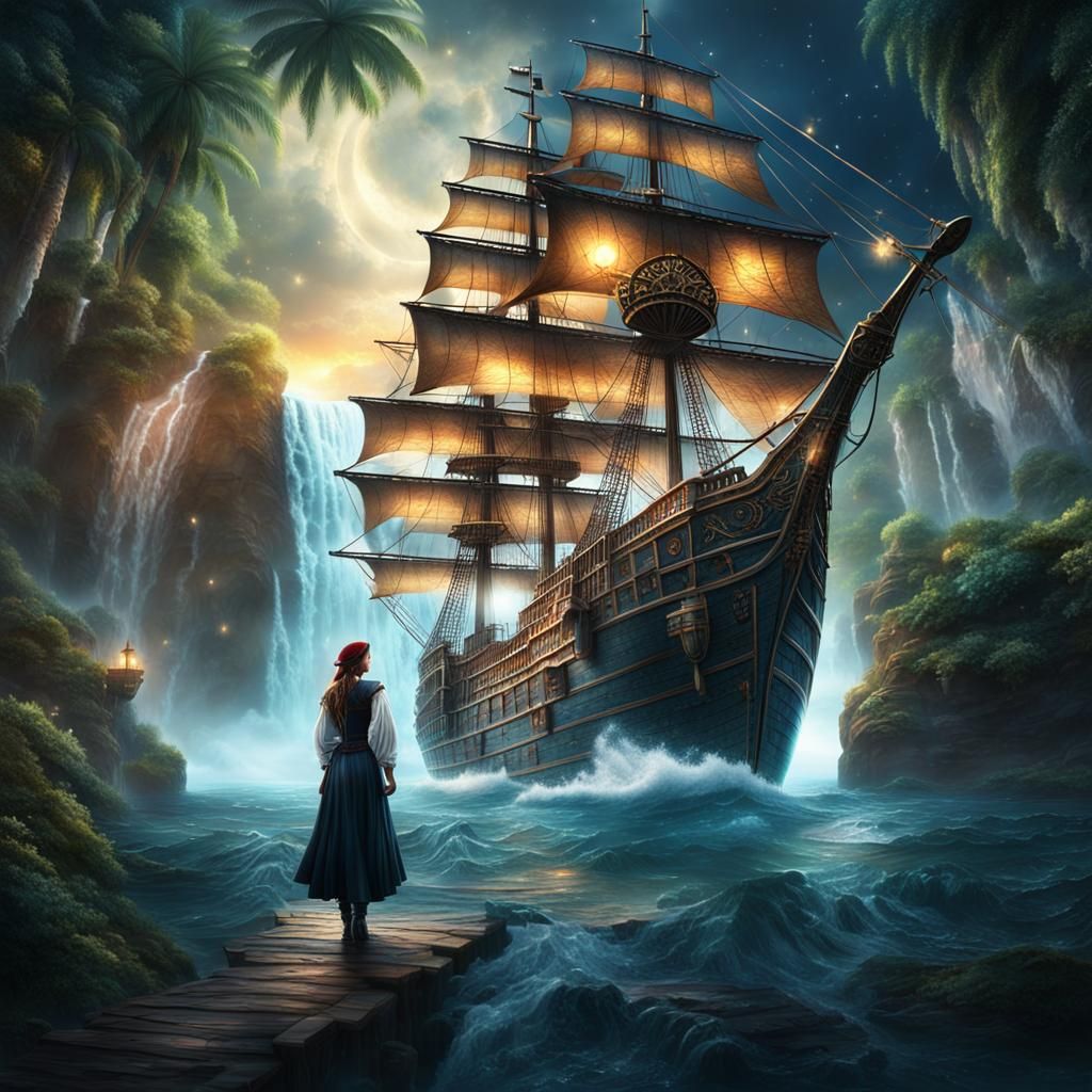 Pirate Ship Sails Stars Waterfall: Digital Matte Painting