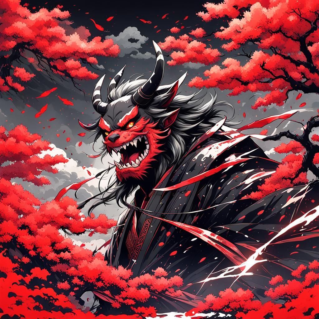 Japanese Wind Demon Illustration in Black Ink