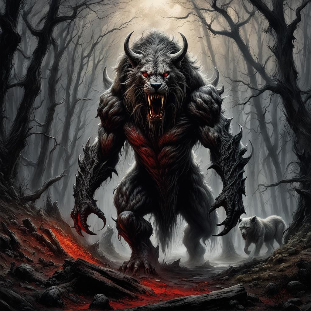 Demon Smilodon Prowling a Moonlit Field