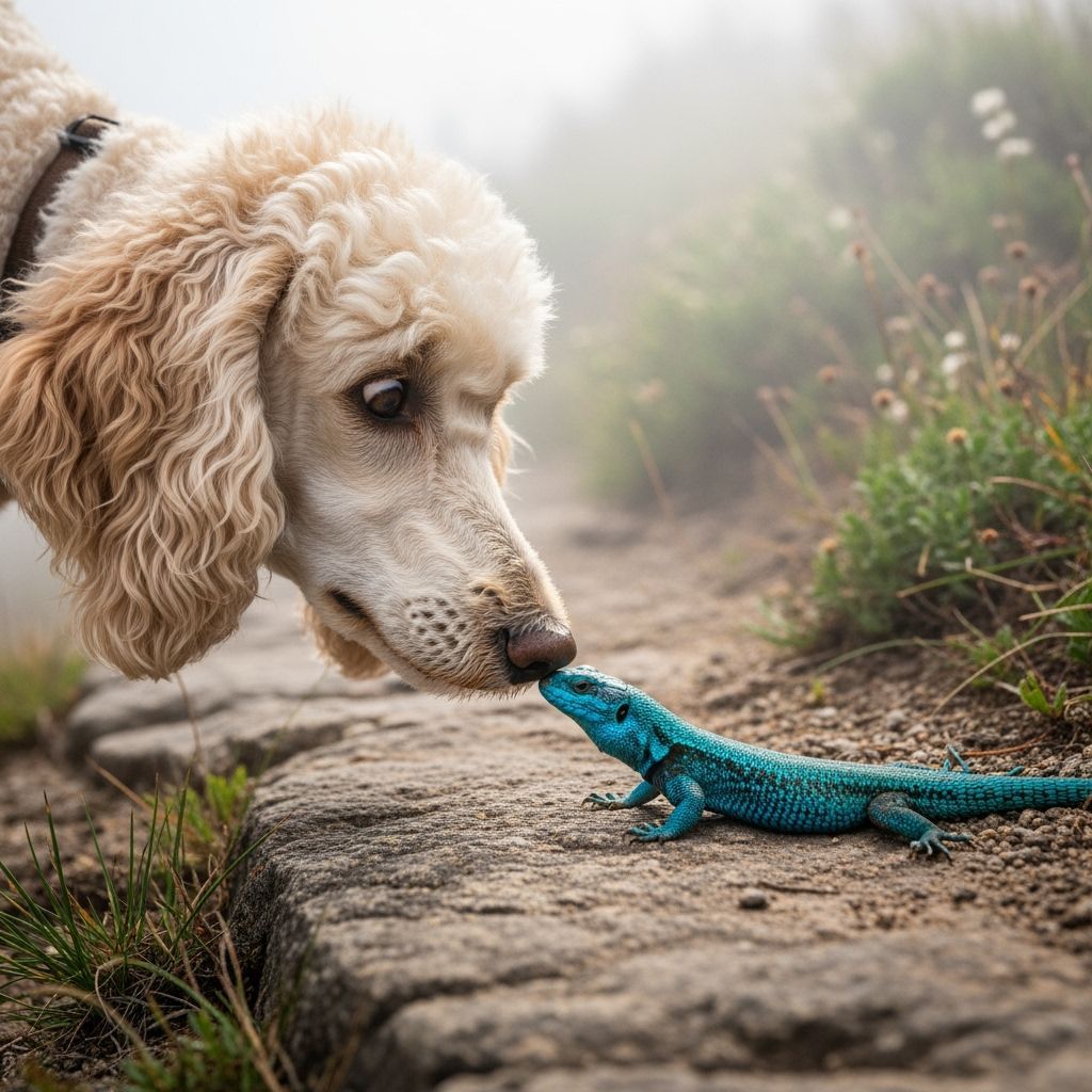 Poodle's First Encounter with Blue Lizard in Misty Light