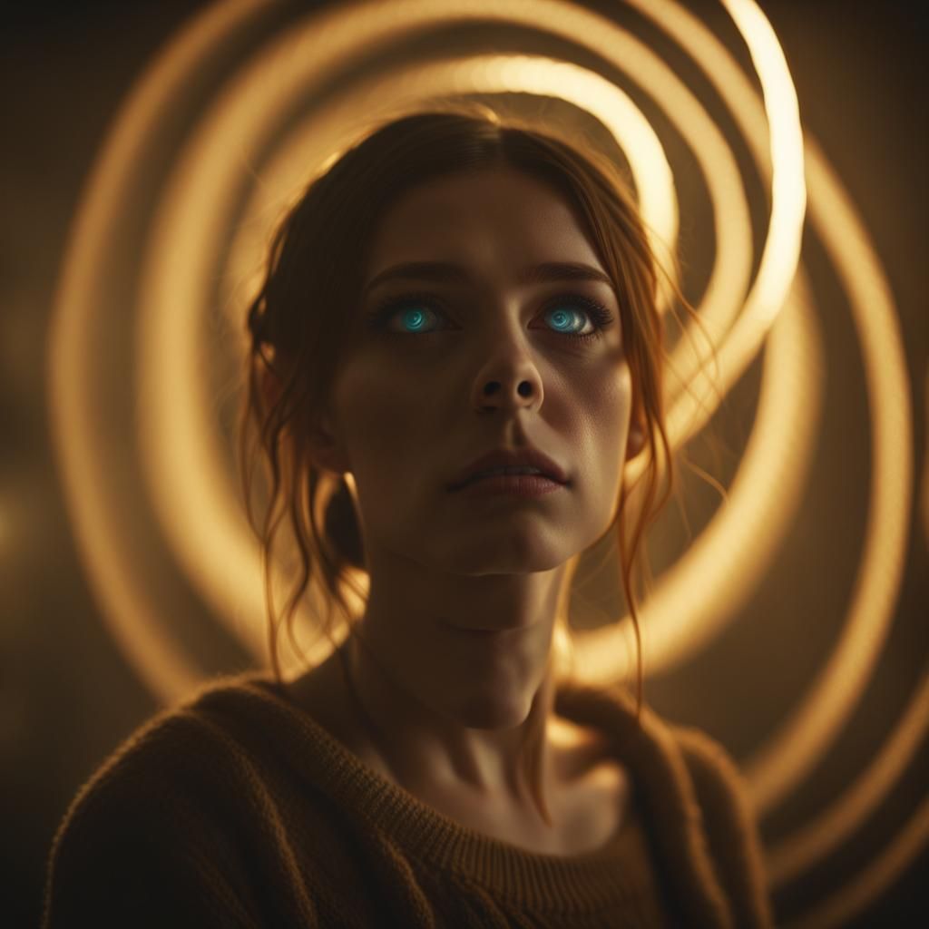 Girl Tranced by Hypnotic Spirals in a Moody Atmosphere