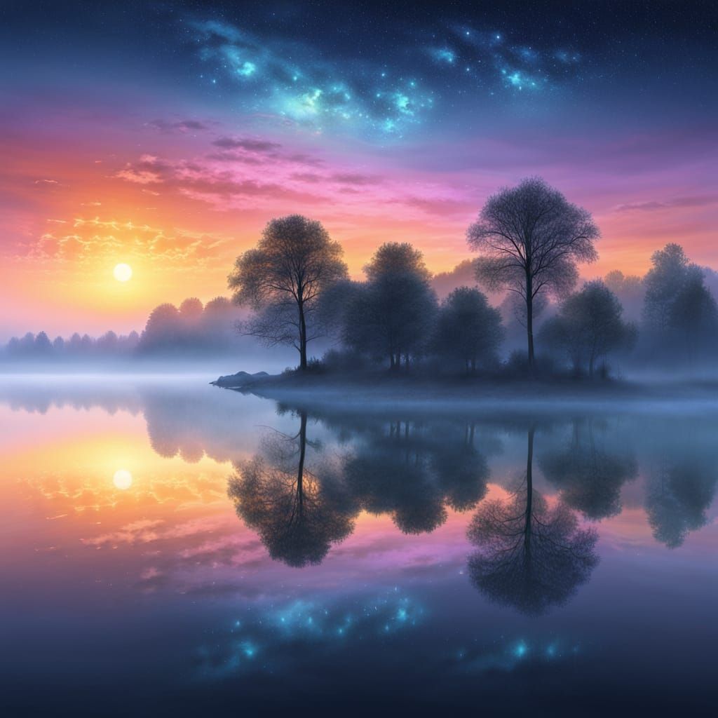 Surreal Lake: Morning Mists in Vibrant Oil Painting