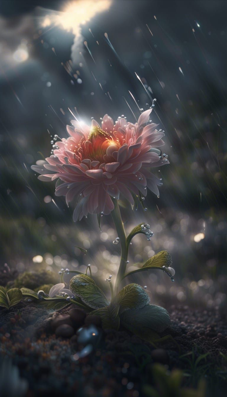 Sunshine Illuminates Flower After Rain