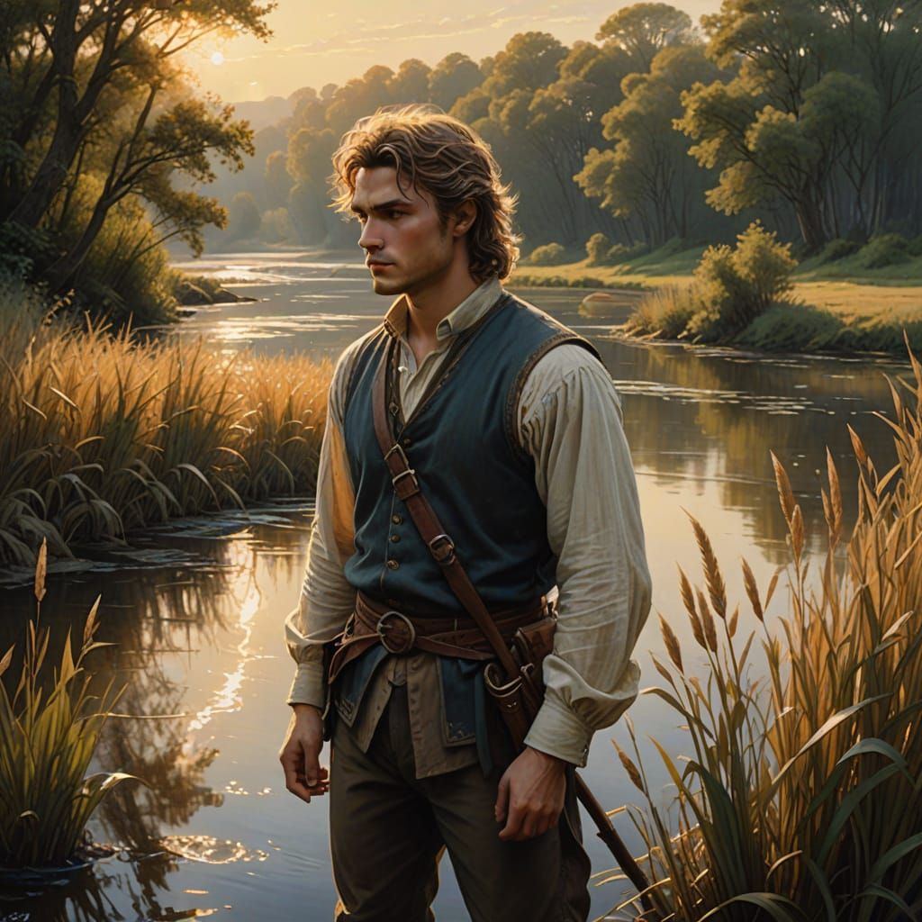 Serene Riverbank Encounter with a Majestic Bard