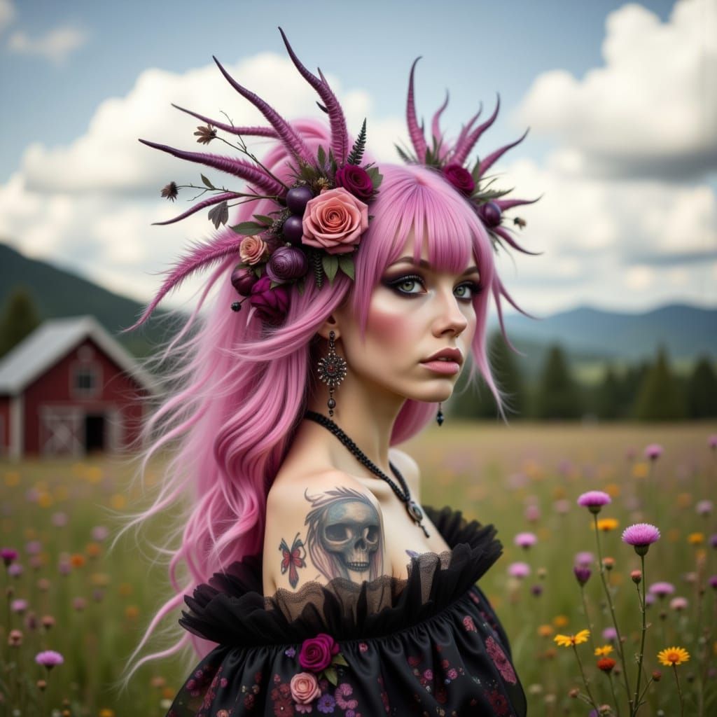 Goth Hillbilly Woman in Rural Kentucky Landscape