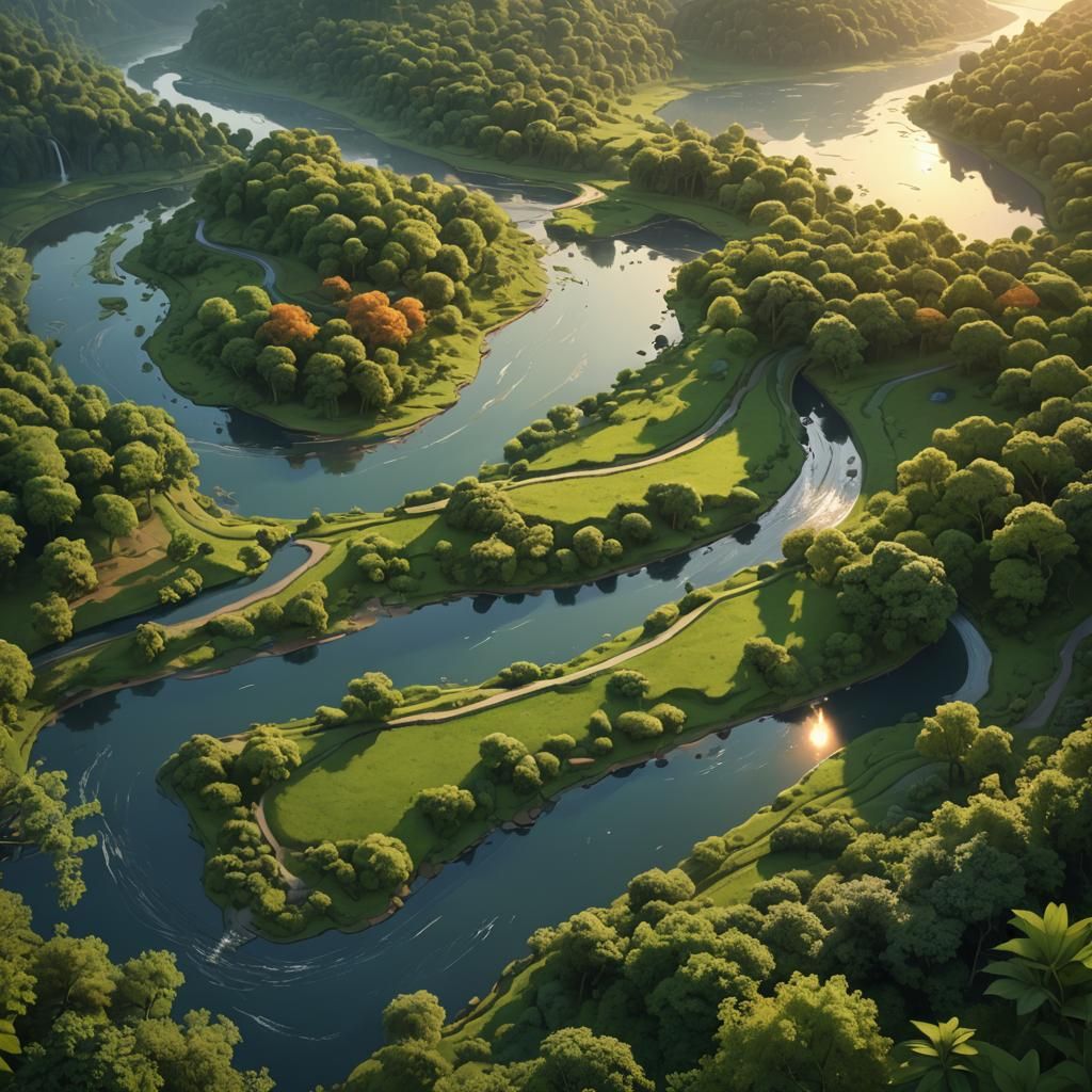 Idyllic River Landscape in Flat Illustration Style