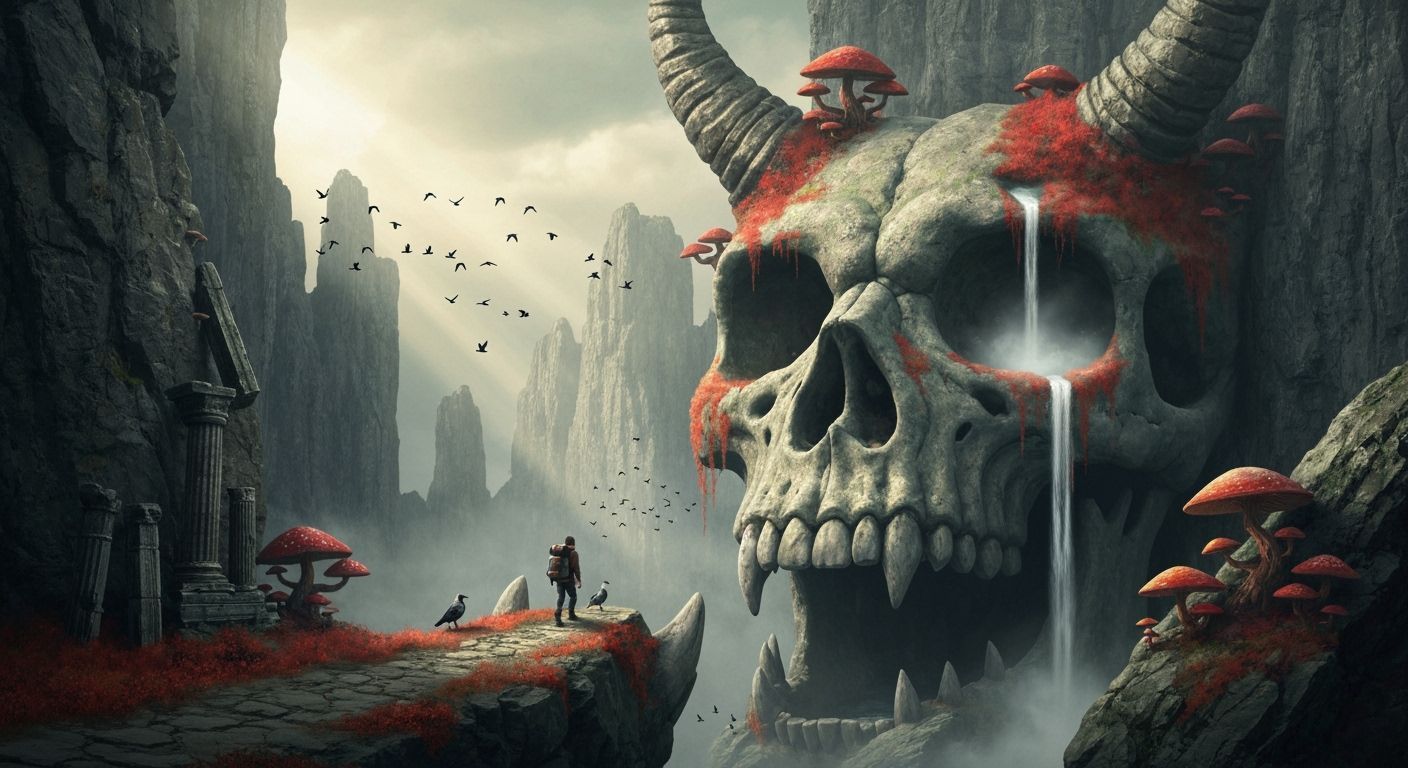 Mystical Demon Skull Cliffside Scene