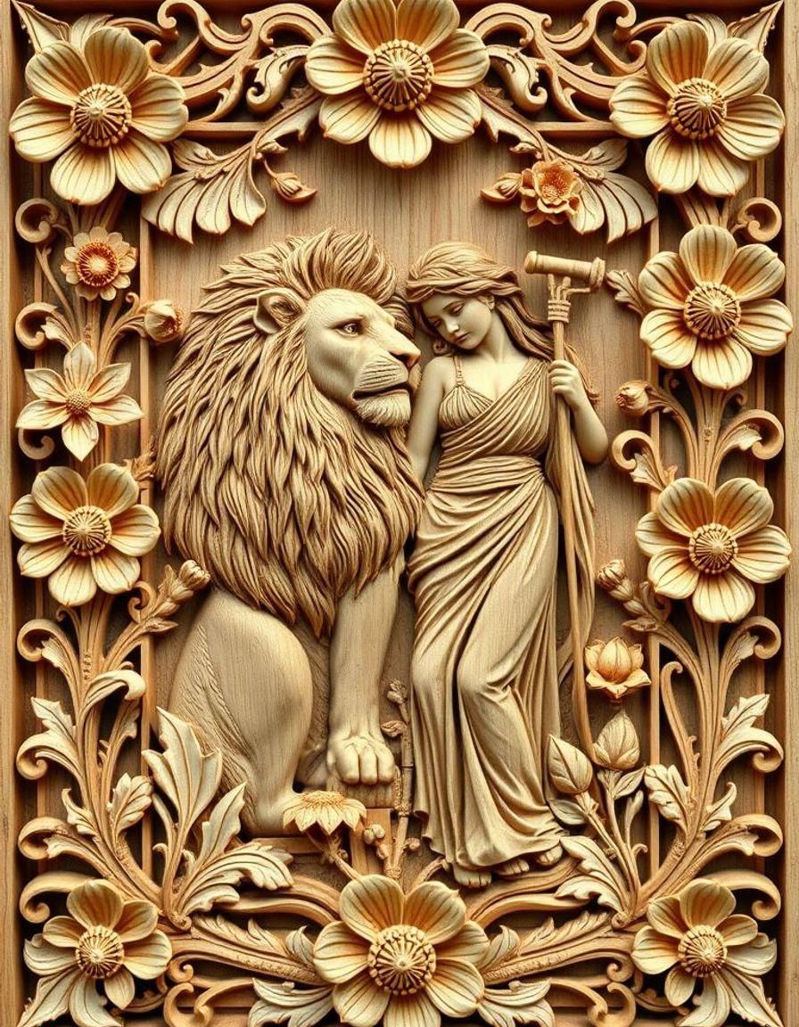 Wood carved Tarot card Strength, woman and lion