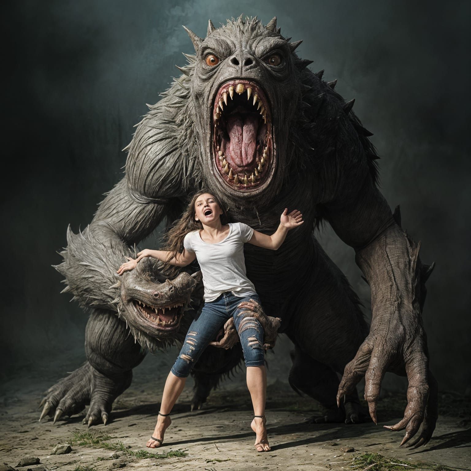 Terrifying Monster Beast Grasping Tiny Screaming Woman in Cl...
