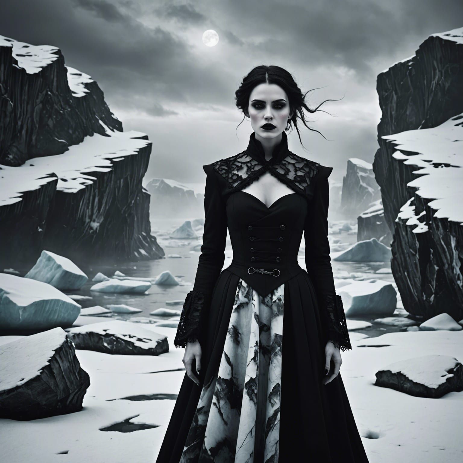 Gothic Model in Icy Landscape, Bradford-Style Photography
