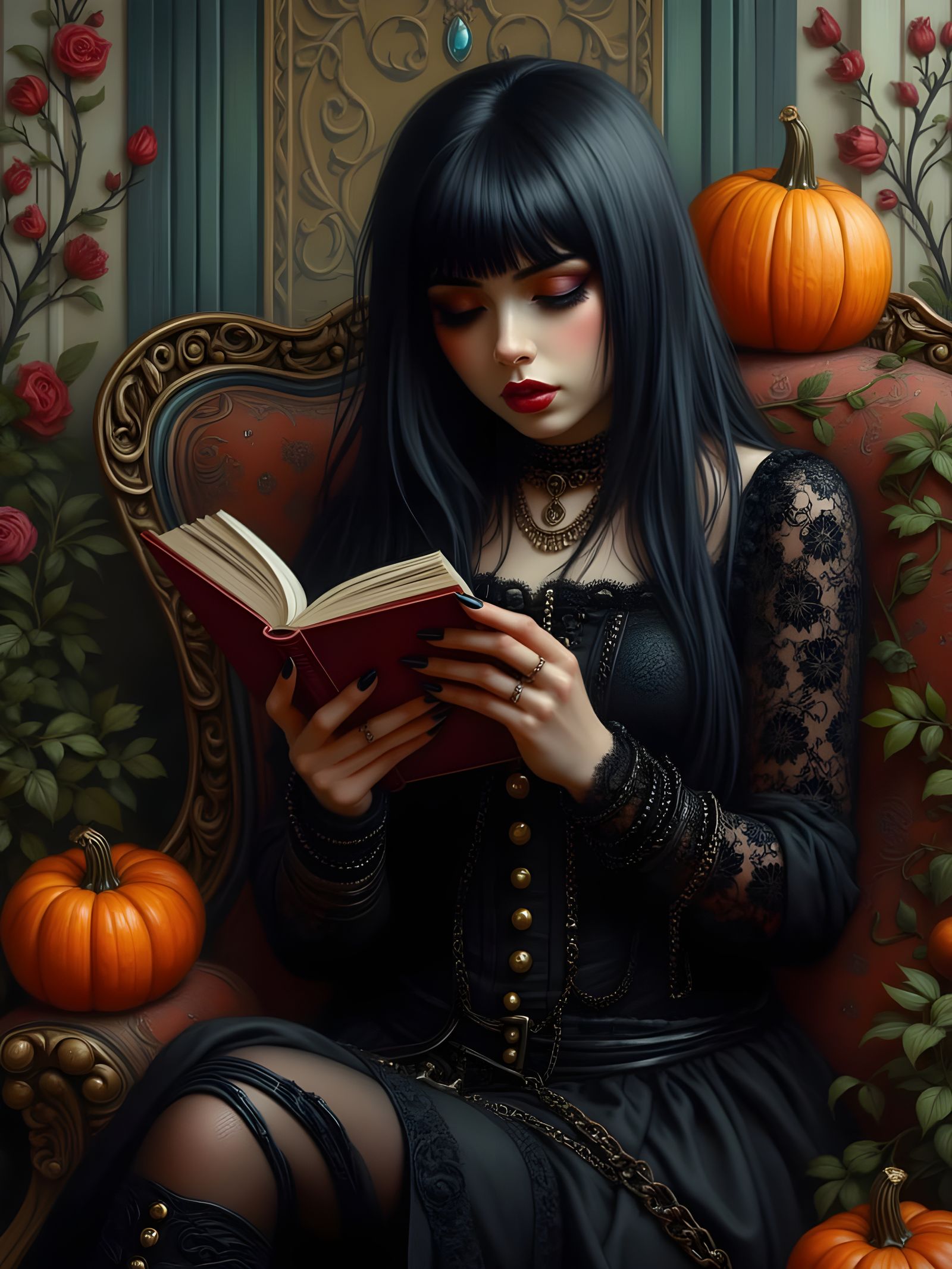 Gothic Woman Reading in Cozy Room