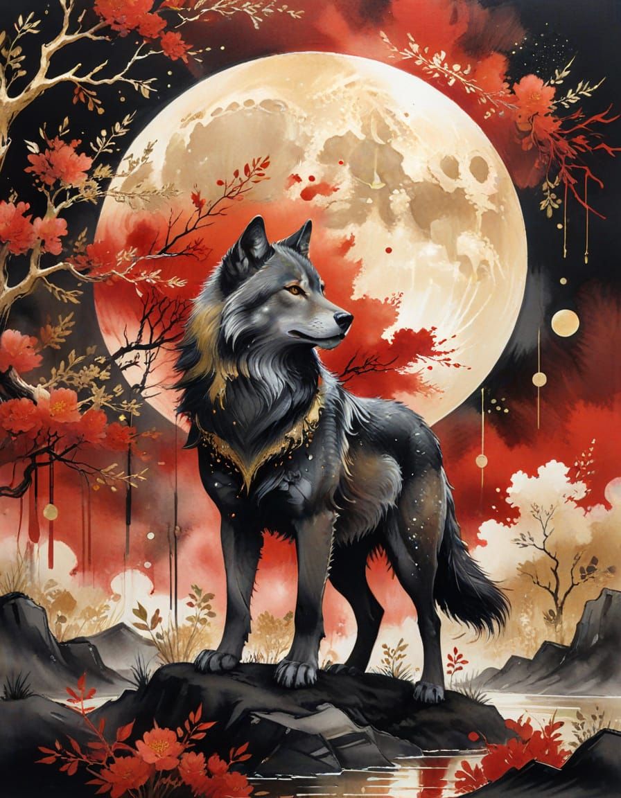 Asian Fantasy Wolf Under Rising Moon