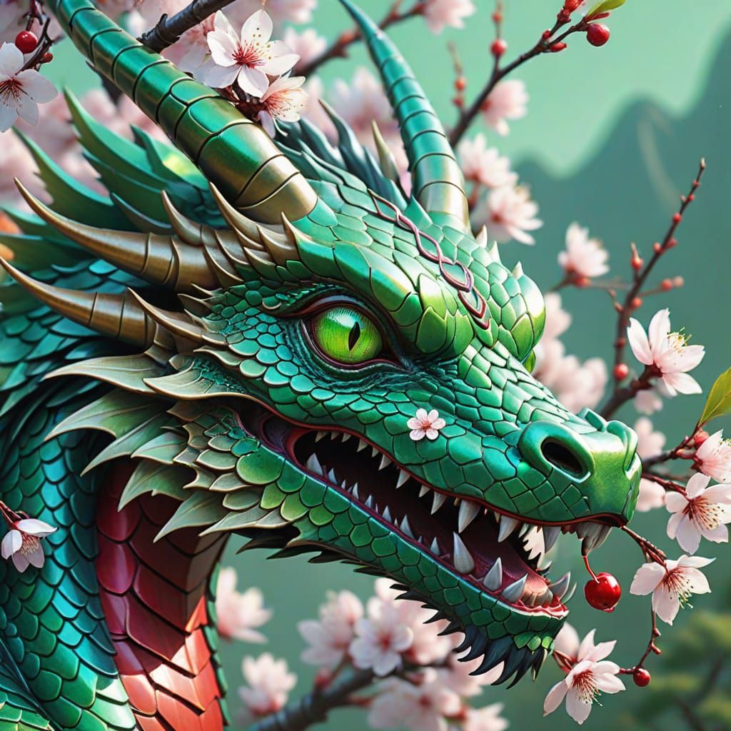 Emerald Dragon in Close-Up, Glossy Macro Shot with Cherry