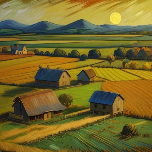 Chicken in Farmyard: Vibrant Oil Painting in Van Gogh Style