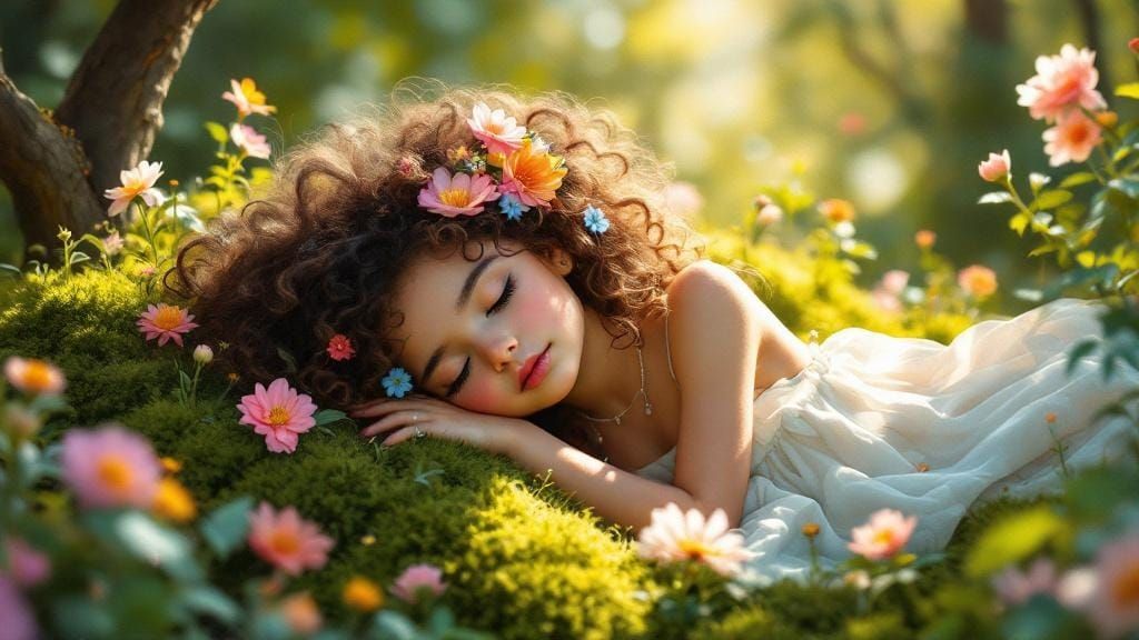 Girl Resting in Forest with Flowers, Whimsical Style
