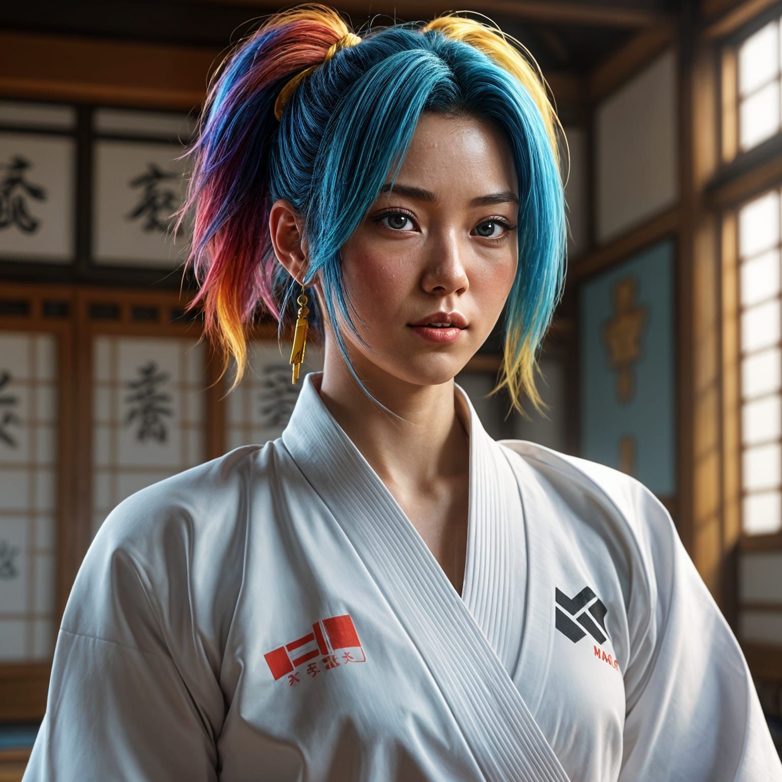 Anime Style: Rainbow-Haired Martial Artist in Dojo