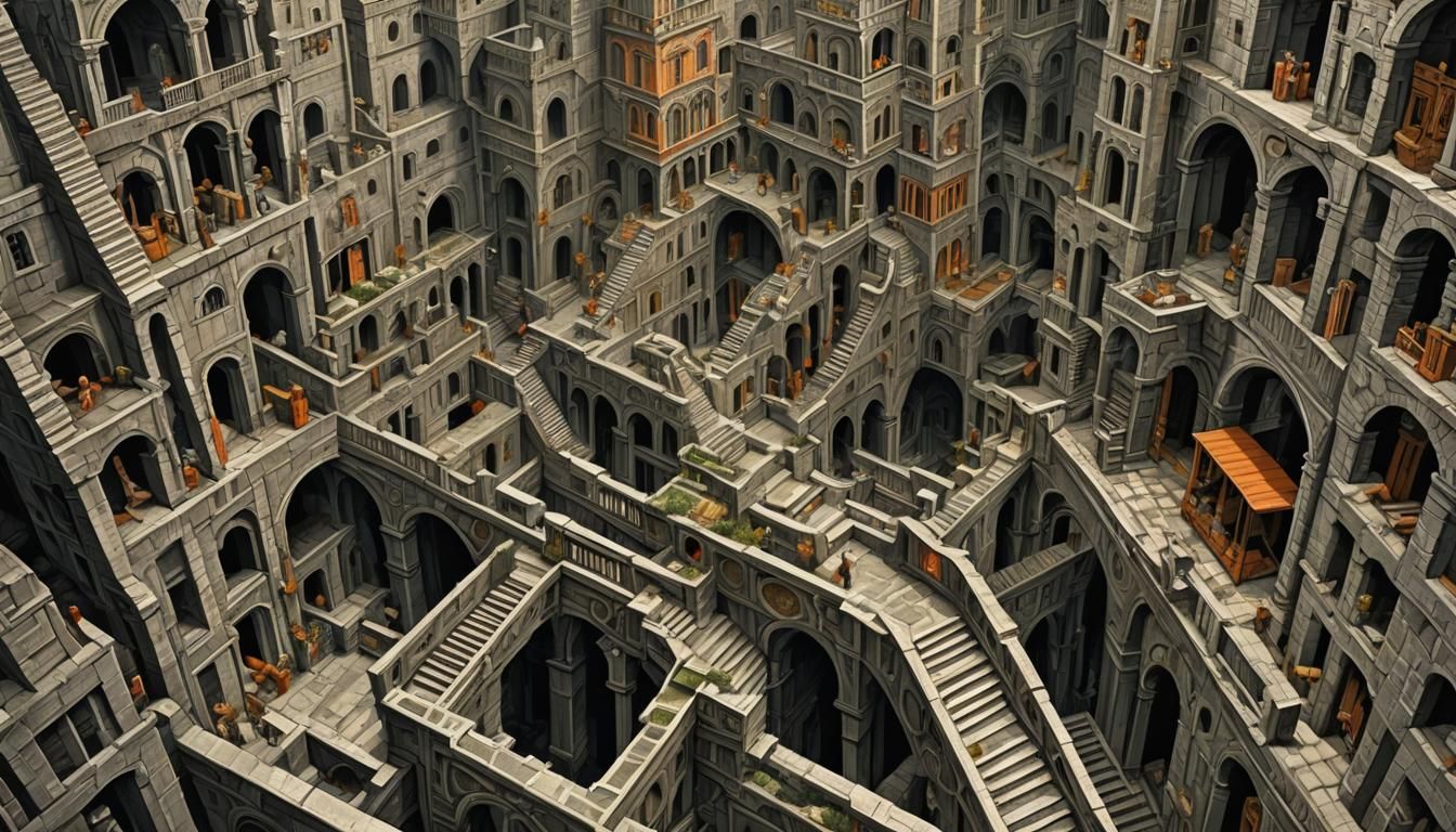 Escher-Inspired Labyrinth with Vibrant Colors and Tessellati...