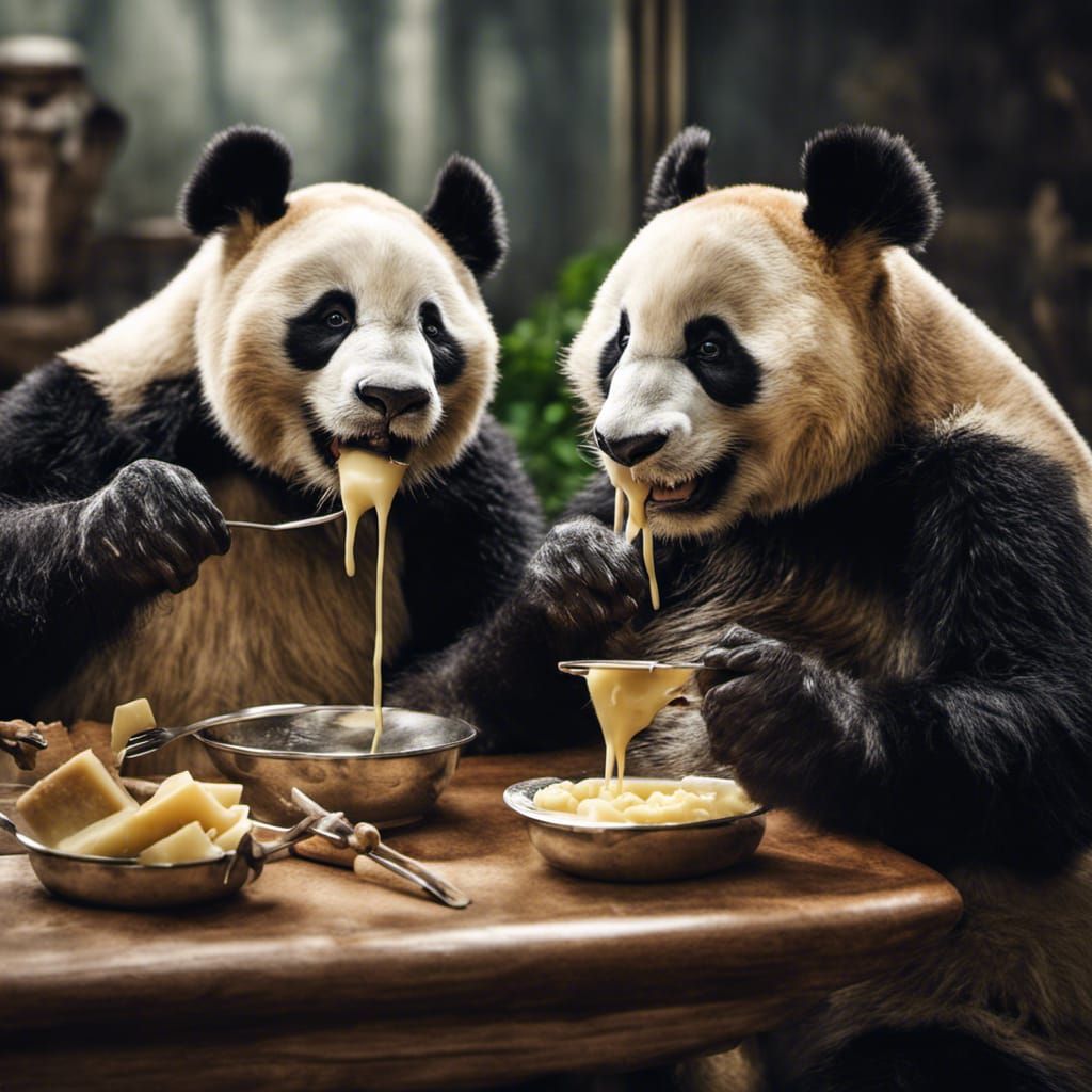 Pandas Enjoying Swiss Cheese Fondue in Hyperrealistic Detail