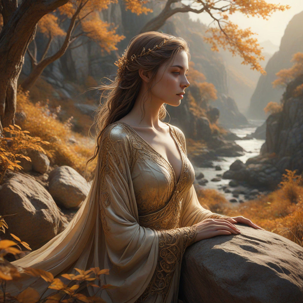 Woman Embracing Rock Formations in Autumn Landscape