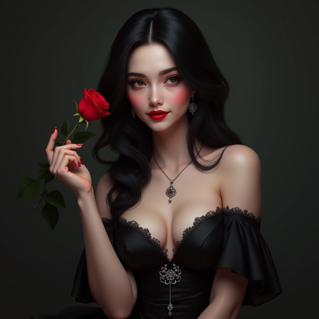 Elegant Woman in Black Evening Gown with Red Rose