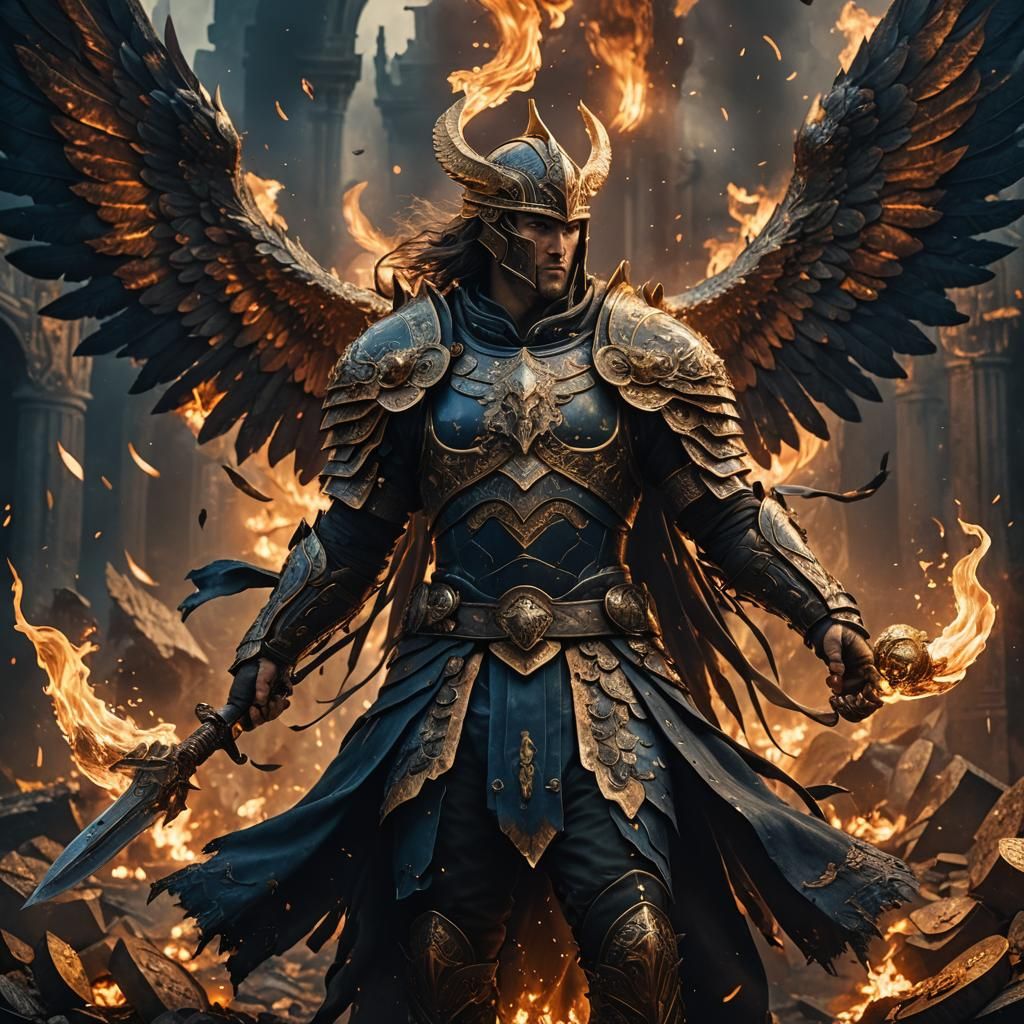 Dark Angelic Warrior Victorious in Flames