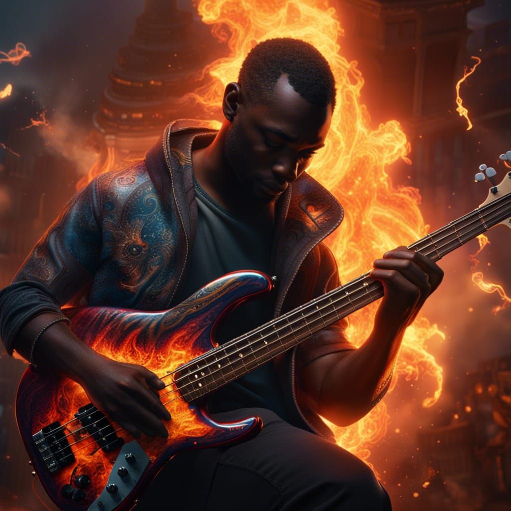 Flaming Bass Guitar Performance: Fantasy Concept Art