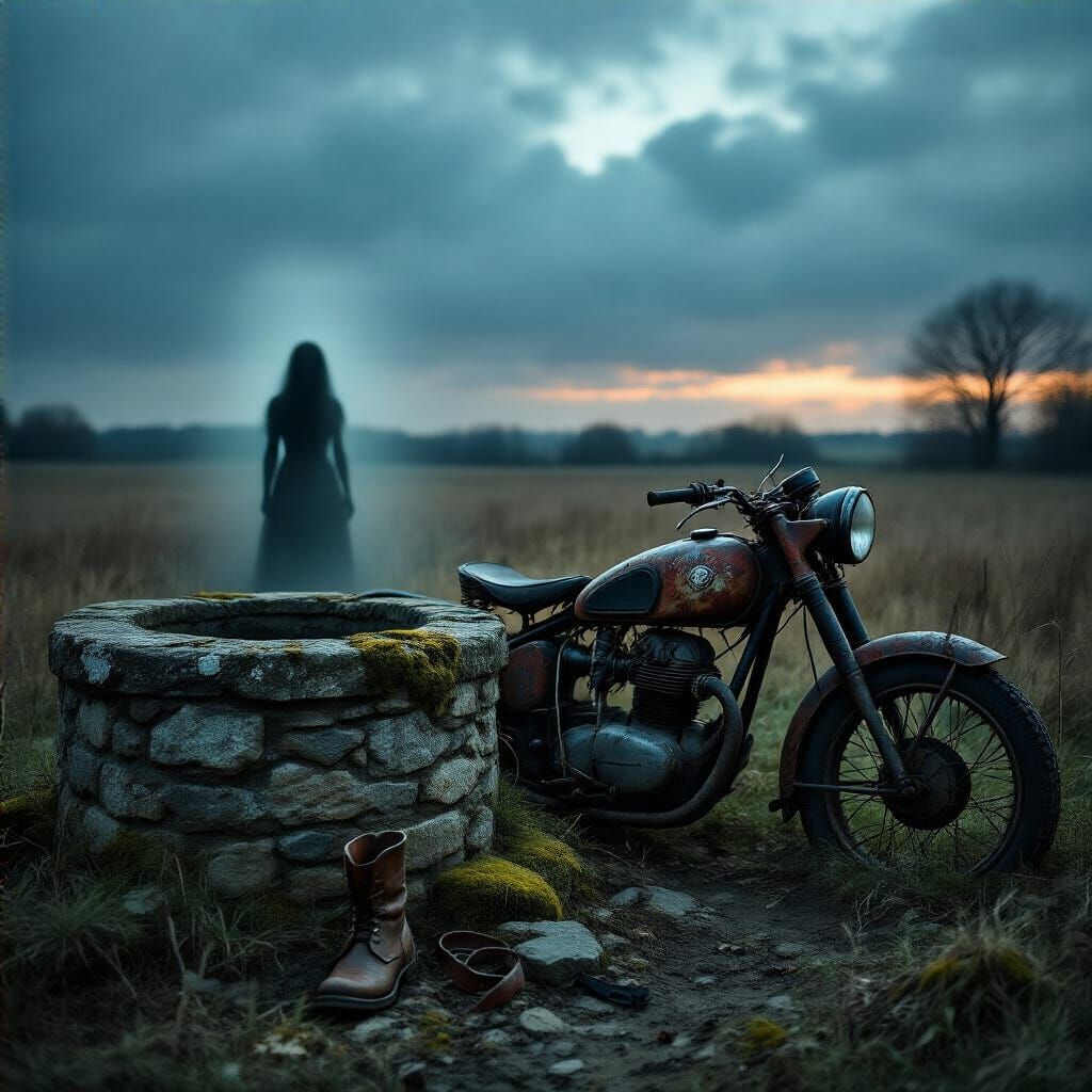 Desolate Field: Ghostly Woman and Abandoned Motorcycle