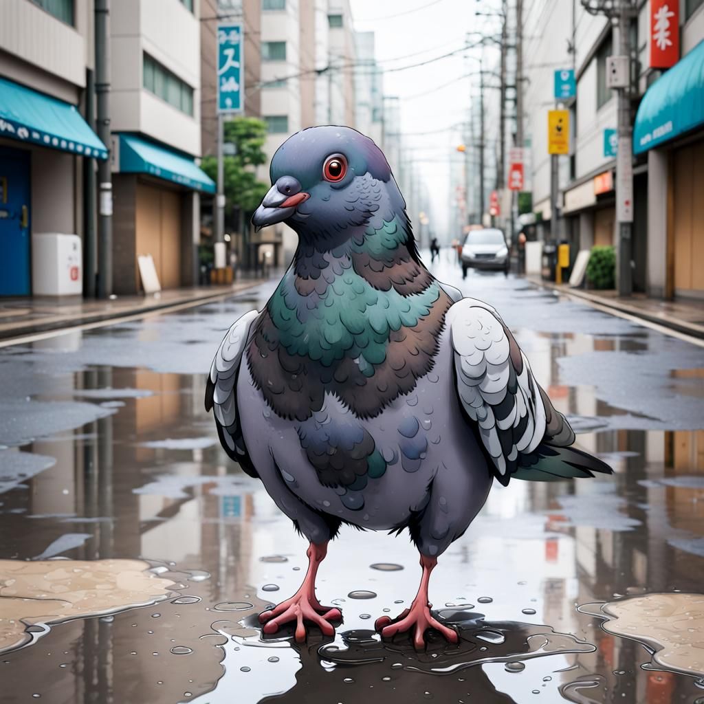 Anime Pigeon in Tokyo Street, Ghibli Style