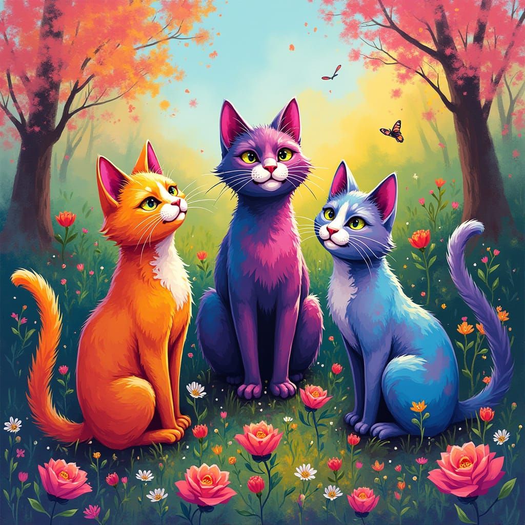 Vibrant Multi-Coloured Cats Play in Blooming Spring Garden