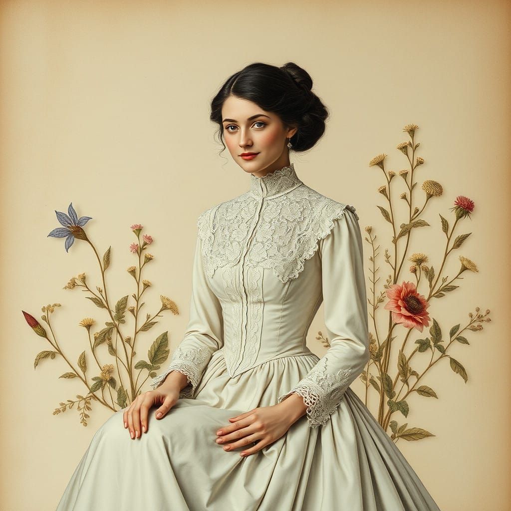 Elegant Edwardian Lady Amidst Floral Collage in Whimsical Pr...
