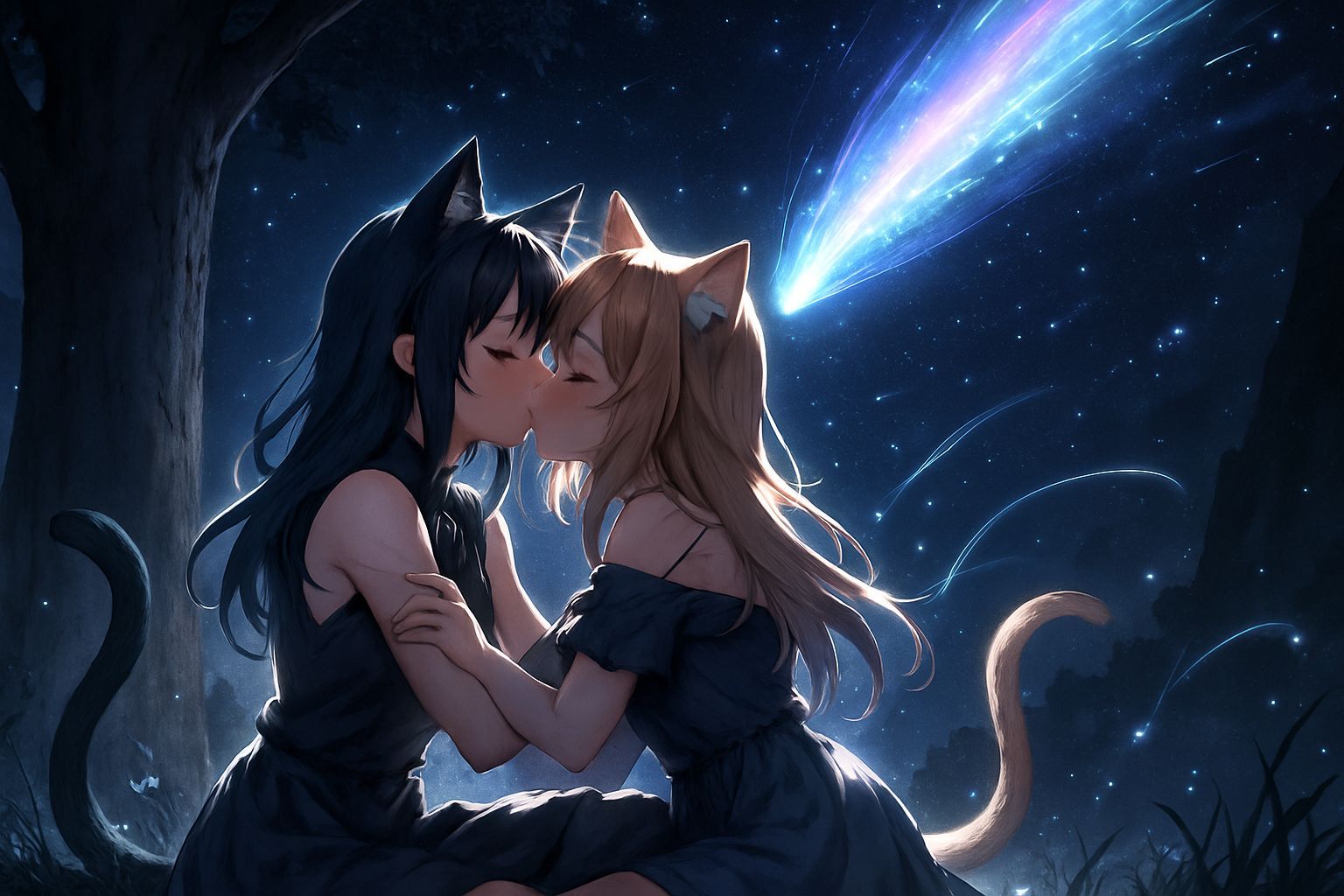 Whispering Catgirls Bidding Farewell Amidst Celestial Specta...
