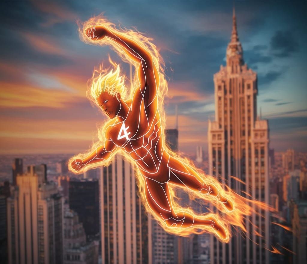 Human Torch Soaring Above City in Fiery 3D Render