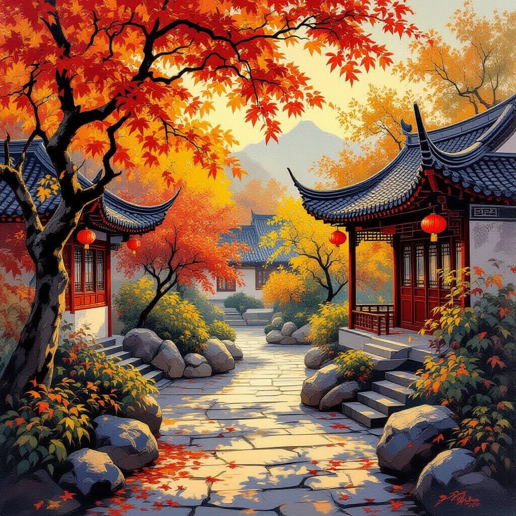 Beautiful Chinese Garden in Golden Hour Autumn Light