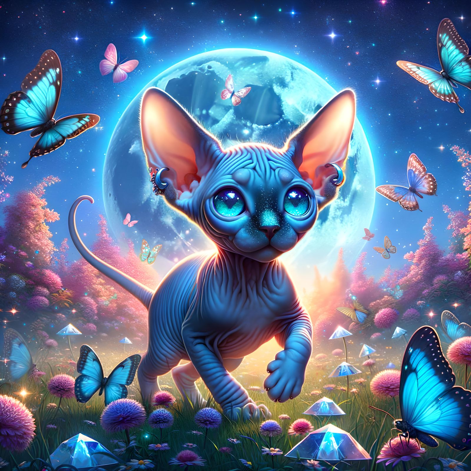 Blue Sphynx Kitten in Moonlit Meadow