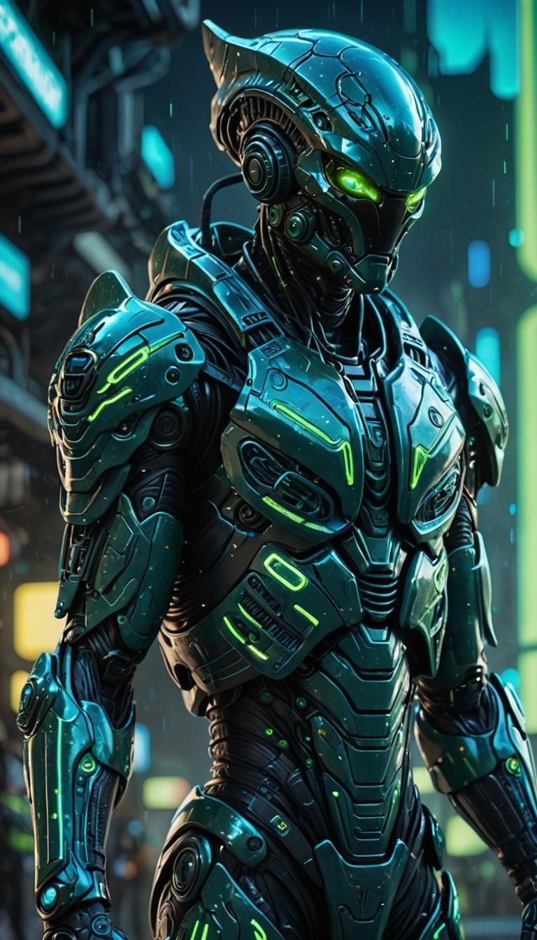 Alien Warrior with Bioluminescent Armor in Sci-Fi Landscape