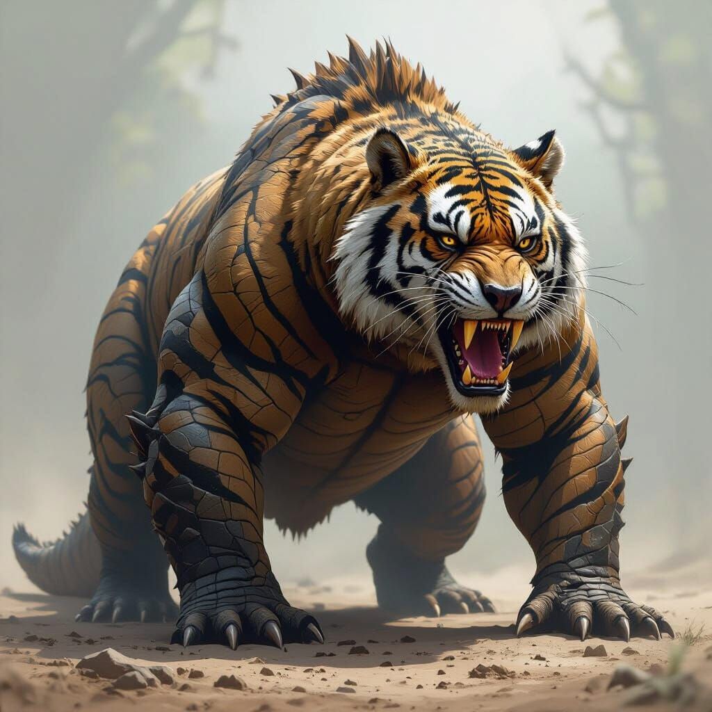 Hybrid Bear-Crocodile-Tiger Creature in Hyperrealistic Digit...