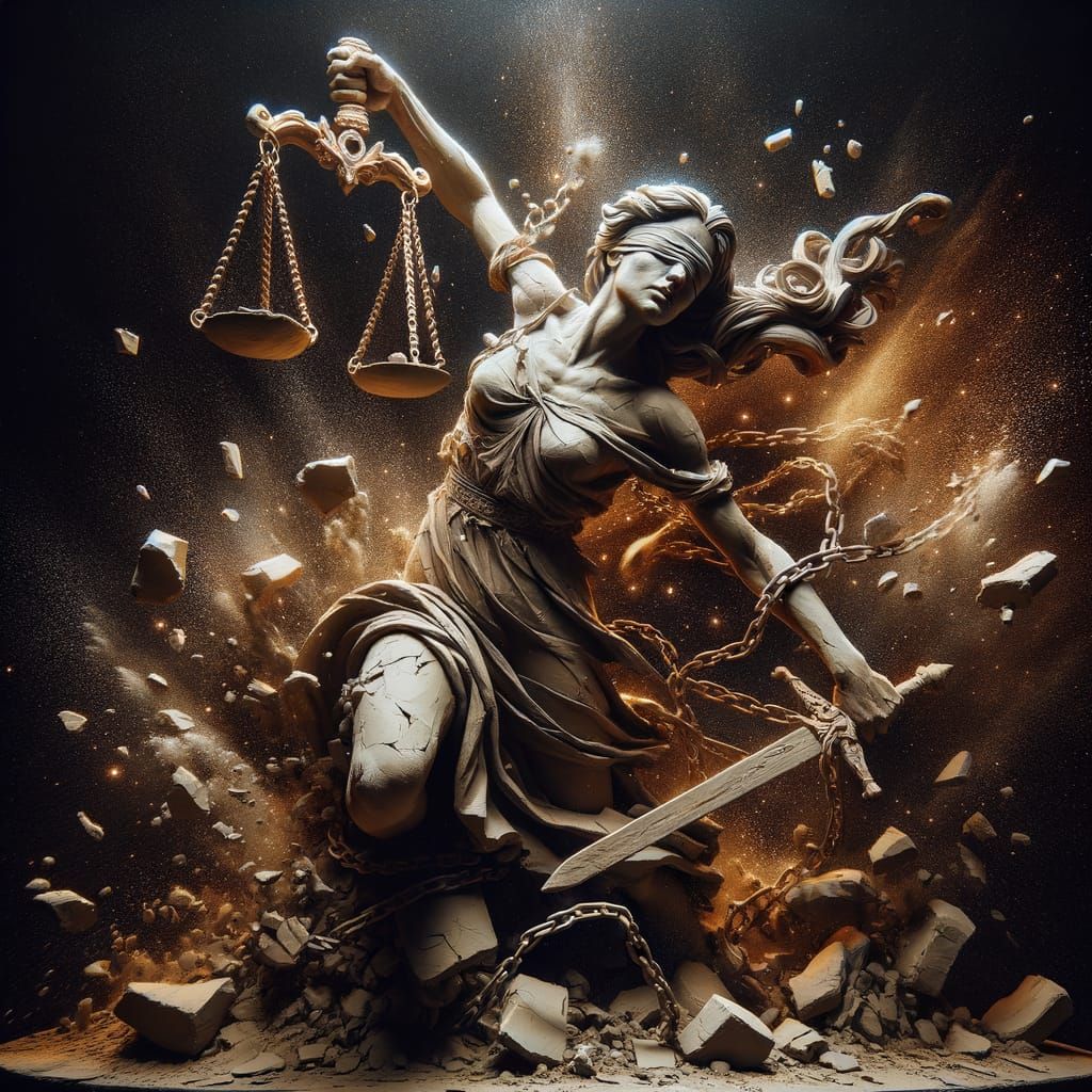Empowered Lady Justice Breaks Free from Chains