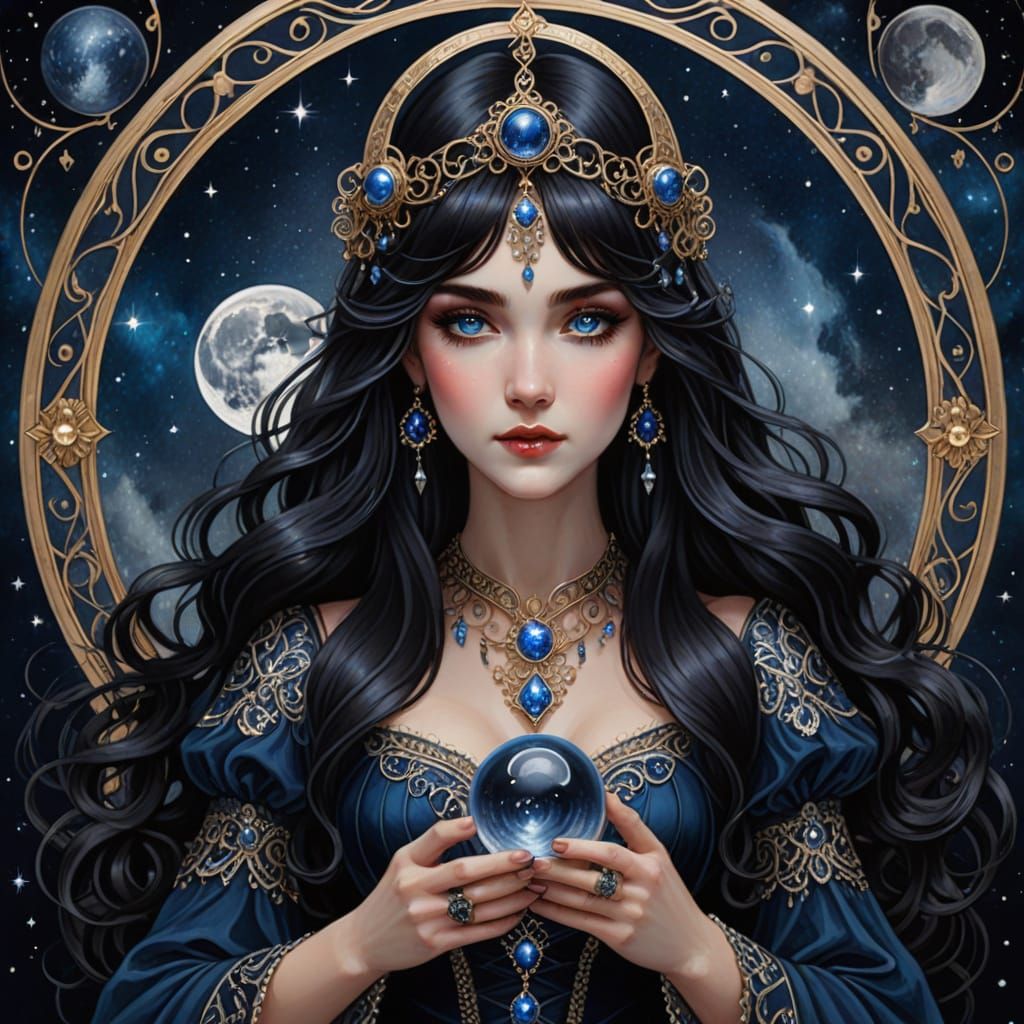 Celestial Goddess Priestess Holding Crystal Ball in Art Nouv...